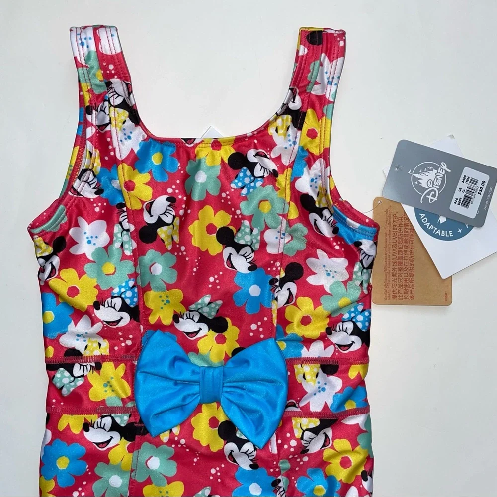 Disney Girls Red Floral Minnie One-Piece Swimsuit with Blue Bow